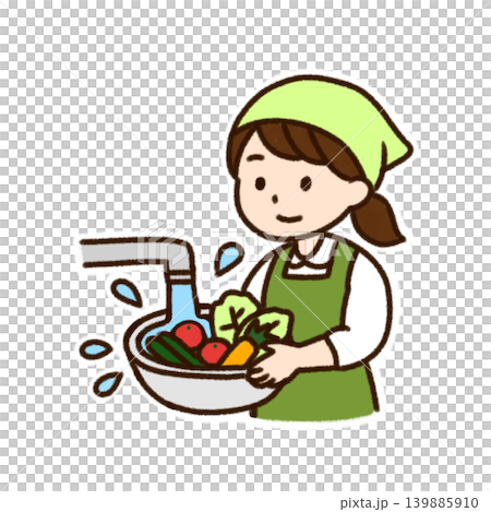 Woman washing vegetables - Food hygiene illustration Woman washing vegetables - Food hygiene illustration 139885910