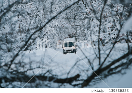 Truck stuck on the road in front of a fallen tree Truck stuck on the road in front of a fallen tree 139886828