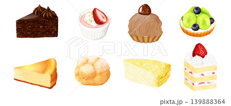リアルタッチの手描きスイーツ8種セット　モンブラン　ミルクレープ　チーズケーキ他 139888364