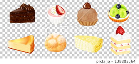 リアルタッチの手描きスイーツ8種セット　モンブラン　ミルクレープ　チーズケーキ他 139888364