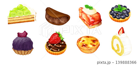 リアルタッチの手描きスイーツ8種セット　タルトタタン　エッグタルト　ロールケーキ他 139888366