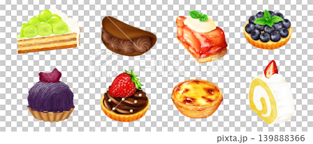 リアルタッチの手描きスイーツ8種セット　タルトタタン　エッグタルト　ロールケーキ他 139888366