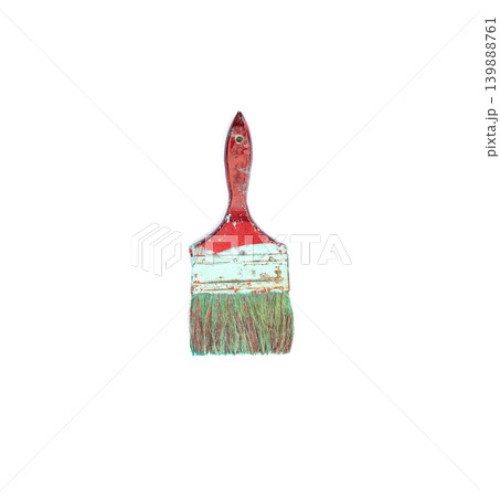 An Old Used Paintbrush with a Weathered Red Wooden Handle and Dried Light Green Paint Residue on Bristles Isolated on a Pure White Background 139888761