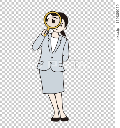 虫眼鏡を覗くスーツの女性のビジネスイラスト 注目・Q&A・全身 139889059