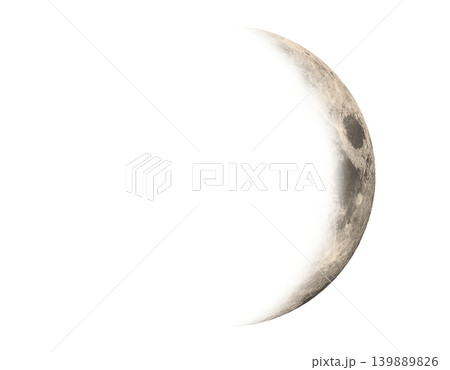Crescent moon phase with visible craters and surface details Crescent moon phase with visible craters and surface details 139889826