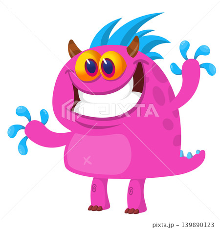 Cartoon scary monster with funny face expression waving hands . Vector illustration isolated on white. Halloween design Cartoon scary monster with funny face expression waving hands . Vector illustration isolated on white. Halloween design 139890123