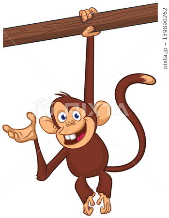 Cartoon funny brown monkey chimpanzee hanging from the wood branch. Vector illustration isolated on white 139890262