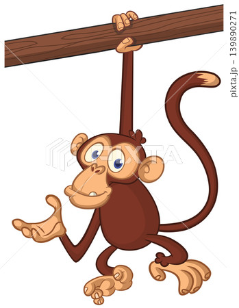 Cartoon funny brown monkey chimpanzee hanging from the wood branch. Vector illustration isolated on white Cartoon funny brown monkey chimpanzee hanging from the wood branch. Vector illustration isolated on white 139890271