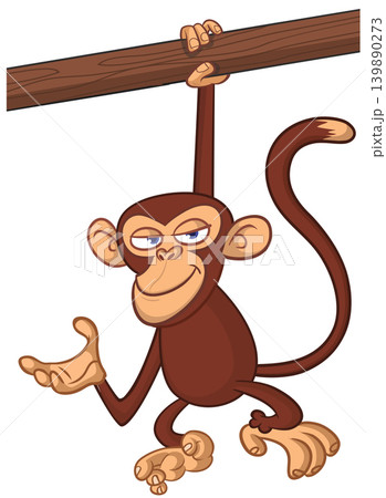 Cartoon funny brown monkey chimpanzee hanging from the wood branch. Vector illustration isolated on white 139890273