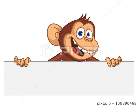 Cartoon monkey chimpanzee holding blank empty white paper or placard for menu or greetings. Vector illustration of happy monkey character Cartoon monkey chimpanzee holding blank empty white paper or placard for menu or greetings. Vector illustration of happy monkey character 139890469