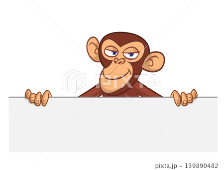 Cartoon monkey chimpanzee holding blank empty white paper or placard for menu or greetings. Vector illustration of happy monkey character Cartoon monkey chimpanzee holding blank empty white paper or placard for menu or greetings. Vector illustration of happy monkey character 139890482