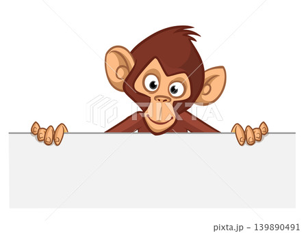 Cartoon monkey chimpanzee holding blank empty white paper or placard for menu or greetings. Vector illustration of happy monkey character 139890491