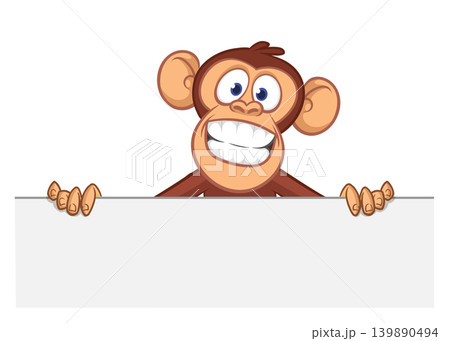 Cartoon monkey chimpanzee holding blank empty white paper or placard for menu or greetings. Vector illustration of happy monkey character Cartoon monkey chimpanzee holding blank empty white paper or placard for menu or greetings. Vector illustration of happy monkey character 139890494