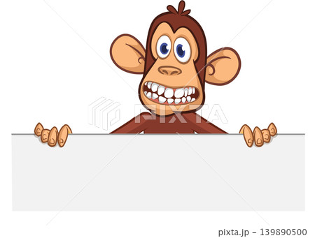 Cartoon monkey chimpanzee holding blank empty white paper or placard for menu or greetings. Vector illustration of happy monkey character Cartoon monkey chimpanzee holding blank empty white paper or placard for menu or greetings. Vector illustration of happy monkey character 139890500