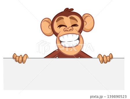 Cartoon monkey chimpanzee holding blank empty white paper or placard for menu or greetings. Vector illustration of happy monkey character 139890523