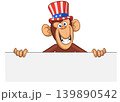 Cartoon monkey chimpanzee holding blank empty white paper or placard for menu or greetings. Vector illustration of happy monkey character 139890542