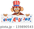 Cartoon monkey chimpanzee holding blank empty white paper for menu or greetings. Vector illustration for America Independence 4th of July 139890543