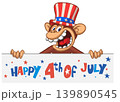 Cartoon monkey chimpanzee holding blank empty white paper for menu or greetings. Vector illustration for America Independence 4th of July 139890545