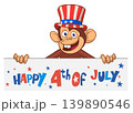 Cartoon monkey chimpanzee holding blank empty white paper or placard for menu or greetings. Vector illustration of happy monkey character 139890546