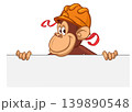 Cartoon monkey chimpanzee holding blank empty white paper or placard for menu or greetings. Vector illustration of happy monkey character 139890548