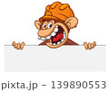 Cartoon monkey chimpanzee holding blank empty white paper or placard for menu or greetings. Vector illustration of happy monkey character 139890553