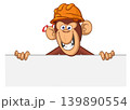 Cartoon monkey chimpanzee holding blank empty white paper or placard for menu or greetings. Vector illustration of happy monkey character 139890554