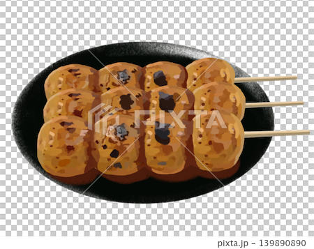 Mitarashi dango (3 skewers) on a black plate 139890890