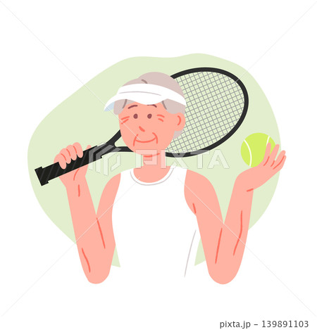 Senior Female Character Holding Tennis Racket and Ball  139891103
