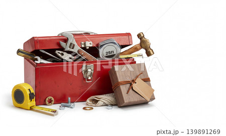Handyman's gift: toolbox with tools gift box measuring tape construction measuringtape handyman craftsman workshop building homeimprovement equipment instrument stilllife composition Handyman's gift: toolbox with tools gift box measuring tape construction measuringtape handyman craftsman workshop building homeimprovement equipment instrument stilllife composition 139891269