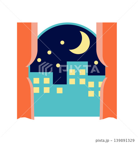 カーテン越しに夜景が見える窓のフラットイラスト 139891329