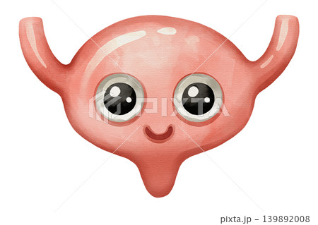 Cute urinary bladder cartoon character smiling happily. Hand drawn watercolor illustration of a healthy internal organ isolated on a white background. 139892008