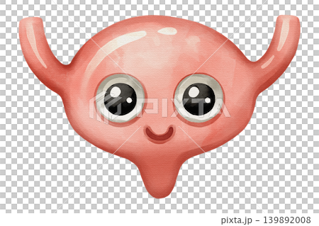 Cute urinary bladder cartoon character smiling happily. Hand drawn watercolor illustration of a healthy internal organ isolated on a white background. 139892008