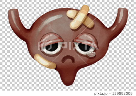 Sad sick urinary bladder cartoon character with bandages and a tear. Hand drawn watercolor illustration of an unhealthy, injured internal organ. Isolated on white background. 139892009