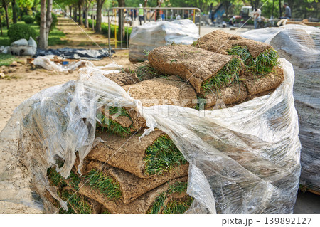 Fresh sod rolls stacked for landscaping in a public park. Turf grass patches prepared for lawn installation or home garden improvement. Outdoor soil restoration and city development. 139892127