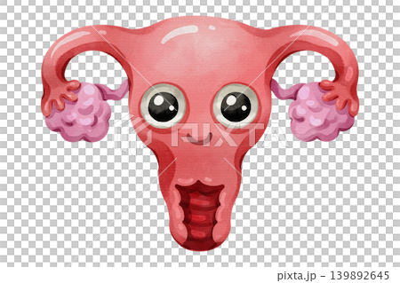 Cute uterus cartoon character smiling happily. Hand drawn watercolor illustration of a healthy female reproductive organ isolated on white background. Cute uterus cartoon character smiling happily. Hand drawn watercolor illustration of a healthy female reproductive organ isolated on white background. 139892645