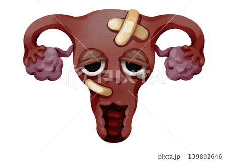 Sad sick uterus cartoon character with bandages and a tear. Hand drawn watercolor illustration of an unhealthy, injured female reproductive organ. Isolated on white background. Sad sick uterus cartoon character with bandages and a tear. Hand drawn watercolor illustration of an unhealthy, injured female reproductive organ. Isolated on white background. 139892646