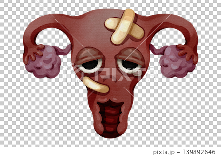 Sad sick uterus cartoon character with bandages and a tear. Hand drawn watercolor illustration of an unhealthy, injured female reproductive organ. Isolated on white background. Sad sick uterus cartoon character with bandages and a tear. Hand drawn watercolor illustration of an unhealthy, injured female reproductive organ. Isolated on white background. 139892646