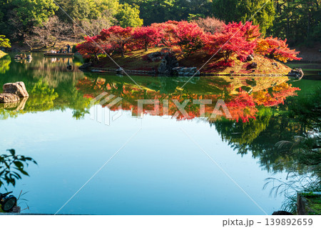 【特別名勝】栗林公園 晩秋の風景 紅葉の楓嶼と和船2 香川県高松市 【特別名勝】栗林公園 晩秋の風景 紅葉の楓嶼と和船2 香川県高松市 139892659