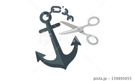 Scissors Cutting Loose a Heavy Grey Anchor 139893055