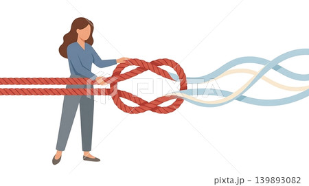 Woman Untying Tangled Red Knot for Stress Relief 139893082
