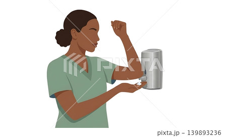 African American Nurse Pressing Soap Dispenser with Elbow 139893236