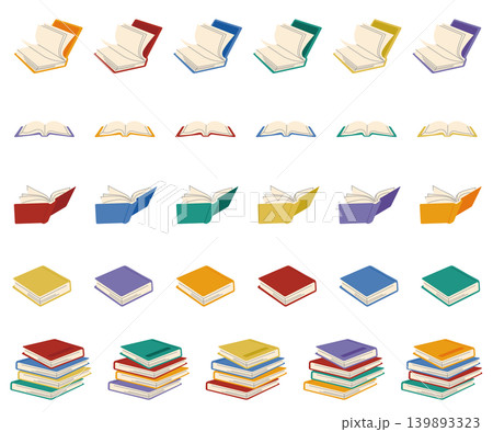 本と書籍のページが開く積み上がった本と図鑑のカラフルなアイコンパターンセット 139893323