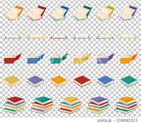 本と書籍のページが開く積み上がった本と図鑑のカラフルなアイコンパターンセット 139893323