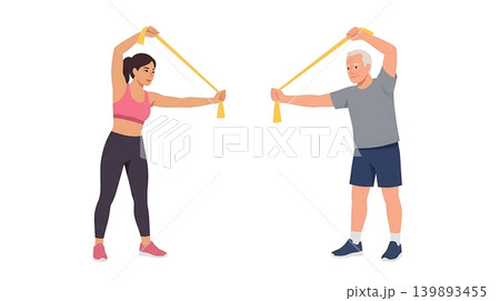 Asian Female Instructor Guiding Senior with Resistance Band Asian Female Instructor Guiding Senior with Resistance Band 139893455