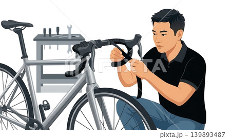 Asian Male Mechanic Wrapping Bar Tape on Silver Bike 139893487