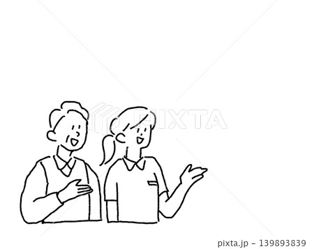 介護士(看護師)と高齢男性が同じ方向を見ながら案内するイラスト、線画、 介護士(看護師)と高齢男性が同じ方向を見ながら案内するイラスト、線画、 139893839