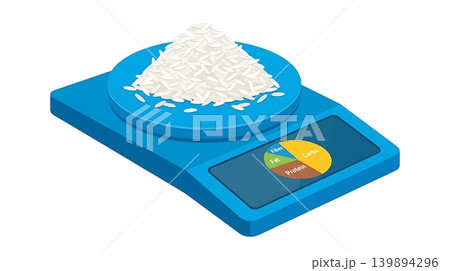 Blue Kitchen Scale Weighing White Rice 139894296