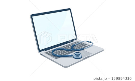 Blue Stethoscope Resting on Silver Laptop Keyboard Icon Blue Stethoscope Resting on Silver Laptop Keyboard Icon 139894330