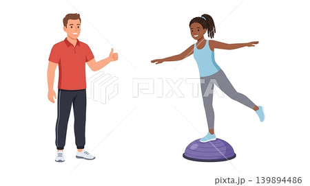 Caucasian Coach Giving Thumbs-up to Girl on Bosu Ball Caucasian Coach Giving Thumbs-up to Girl on Bosu Ball 139894486