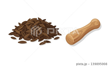Dark Brown Fennel Seeds Pile and Small Wooden Pestle Dark Brown Fennel Seeds Pile and Small Wooden Pestle 139895008